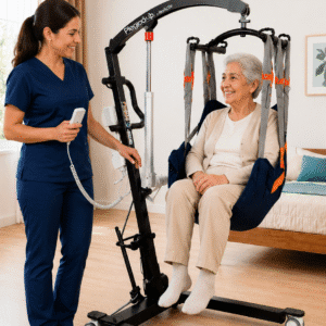 Cuidadora realizando una transferencia segura con grúa elevador de pacientes hidráulica ReActiv y arnés de soporte en un entorno doméstico.