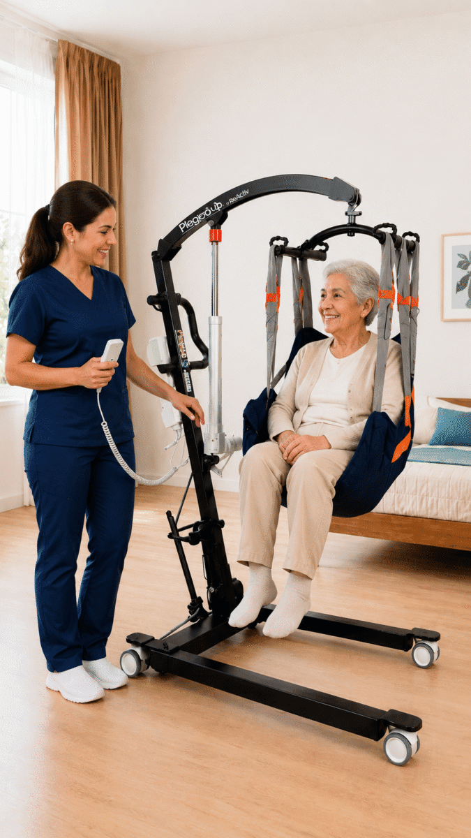 Cuidadora realizando una transferencia segura con grúa elevador de pacientes hidráulica ReActiv y arnés de soporte en un entorno doméstico.