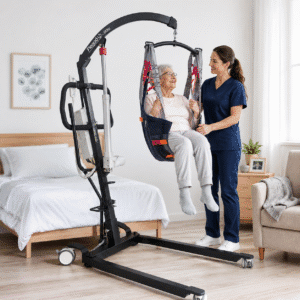 Cuidadora asistiendo a una adulta mayor durante una transferencia segura con la grúa elevadora de pacientes eléctrica Plegoö Up.