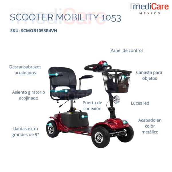 Scooter eléctrico con cuatro ruedas color rojo